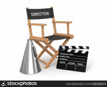 Movie industry. Producer chair, Alapperboard and bullhornl. 3d