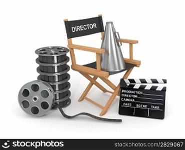 Movie industry. Producer chair, Alapperboard and film reel. 3d