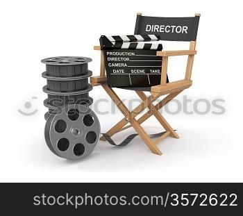 Movie industry. Producer chair, Alapperboard and film reel. 3d