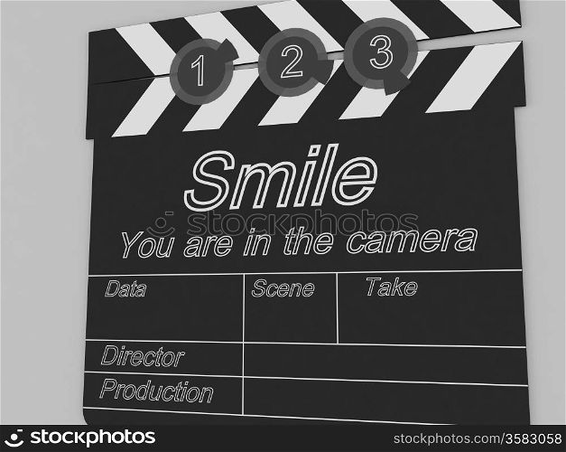 Movie production clapper board notifying to the people that smile you are in the camera