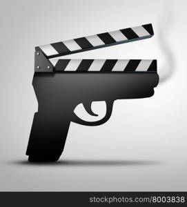 Movie violence concept or crime flick concept as a clapperboard or movie slate board shaped as a gun as a symbol for guns in television internet or movies.