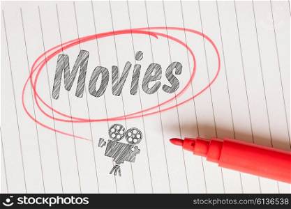 Movies note with a red circle and a film projector sketch
