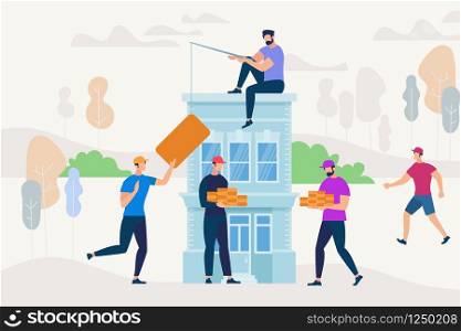 Moving and Building. People Working Together to Build New House. Men Characters Work Construction with Crane Creating Real Estate Housing. Builder and Engineering Job. Cartoon Flat Vector Illustration. People Working Together to Build New House.