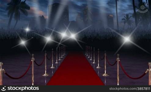 Moving down the glamourous red carpet with a crowd of cheering fans and paparazzi at the end, in front of a city skyline, searchlights, and palm trees blowing in the wind. Audio of cheering and camera flashes included.