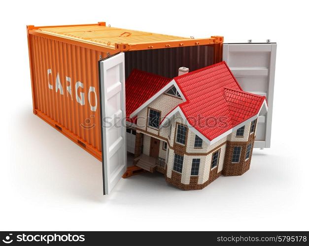Moving house. Home and cargo shipping container isolated on white. Delivery. 3d