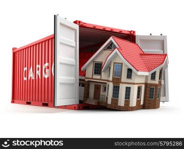 Moving house. Home and cargo shipping container isolated on white. Delivery. 3d