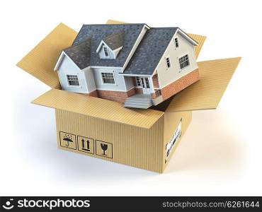 Moving house. Real estate market. Delivery concept. Cardboard box and home isolated on white. 3d illustration