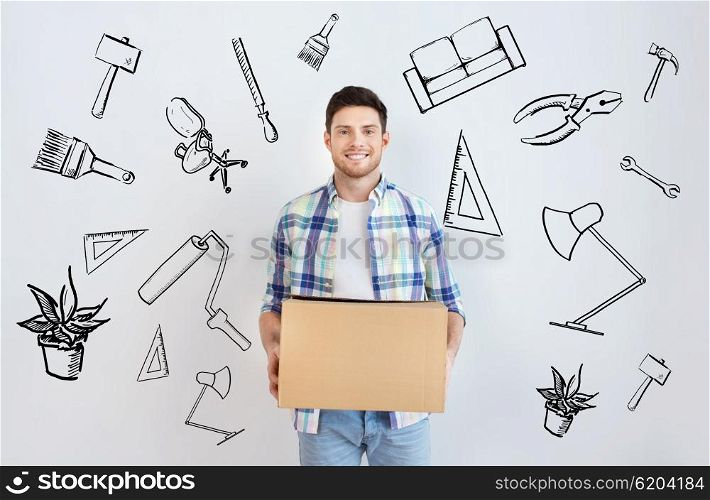 moving, housing, repair, accommodation and people concept - smiling young man with cardboard box at home over doodles