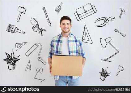 moving, housing, repair, accommodation and people concept - smiling young man with cardboard box at home over doodles