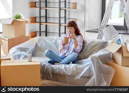 moving, people and real estate concept - happy smiling asian woman with boxes eating takeaway chinese food at new home. happy woman moving to new home and eating wok