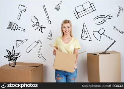 moving, repair, housing, accommodation and people concept - smiling young woman with cardboard box at home over doodles