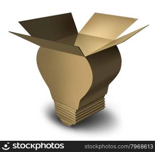 Moving solutions with an opened brown cardboard box shaped as a light bulb as a concept of innovative ideas in delivering merchandise by freight transportation and packaging.