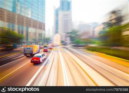 Moving through abstract modern city street with skyscrapers. Hong Kong. Abstract cityscape traffic background with taxi car driving. Watercolor painting effect, motion blur, art toning