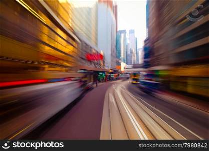 Moving through abstract modern city street with skyscrapers. Hong Kong. Abstract cityscape traffic background . Watercolor painting effect, motion blur, art toning