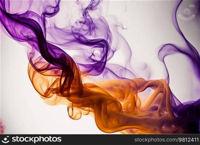 Moving violet and orange flames and smoke on a white background. Illustration Generative AI