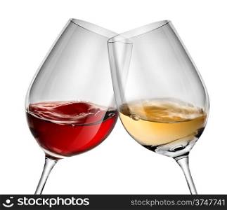 Moving wine in two wineglasses isolated on white
