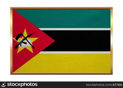 Mozambican national official flag. African patriotic symbol, banner, element, background. Correct colors. Flag of Mozambique , golden frame, fabric texture, illustration. Accurate size, color