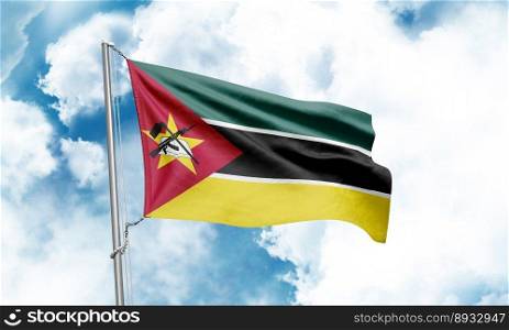 Mozambique flag waving on sky background. 3D Rendering