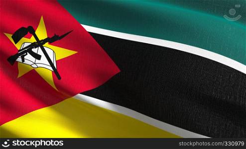 Mozambique national flag blowing in the wind isolated. Official patriotic abstract design. 3D rendering illustration of waving sign symbol.