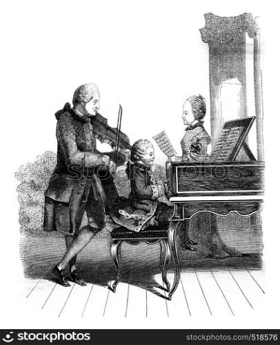 Mozart, his sister and their father, in Paris, vintage engraved illustration. Magasin Pittoresque 1845.