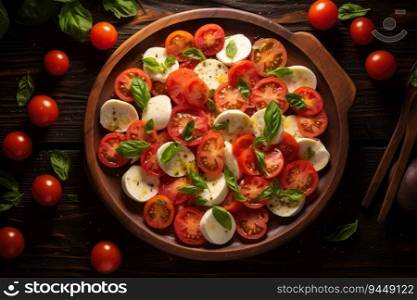 Mozzarella and tomato salad. Fresh italian caprese salad with mozzarella and tomatoes on wooden board. Generative AI