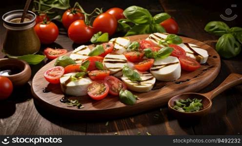 Mozzarella and tomato salad. Fresh italian caprese salad with mozzarella and tomatoes on wooden board. Generative AI