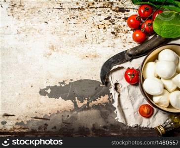 Mozzarella cheese, tomatoes, olive oil and an old knife. On rustic background. Mozzarella cheese, tomatoes, olive oil and an old knife.