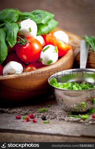Mozzarella cheese with cherry tomatoes and basil