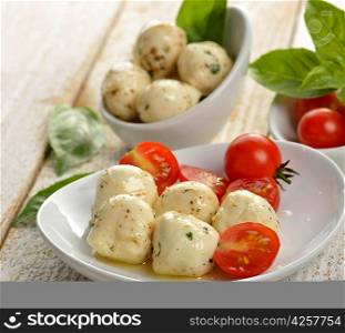 Mozzarella Cheese With Olive Oil ,Herbs , Spices And Tomatoes