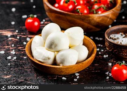 Mozzarella cheese with tomatoes and spices in bowls on the table. Against a dark background. High quality photo. Mozzarella cheese with tomatoes and spices in bowls on the table.