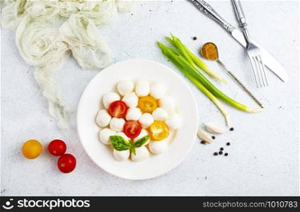 mozzarella with fresh tomato on white plate