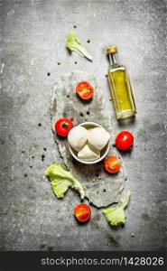 Mozzarella with olive oil, tomatoes and spices. On the stone table. Mozzarella with olive oil, tomatoes and spices.