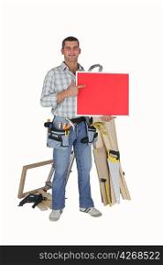 Mr. Fixit pointing to a red sign
