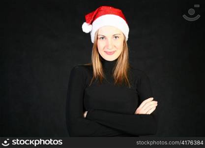 Mrs. Santa dreaming about Christmas on dark background
