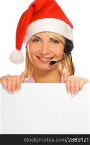 Mrs. Santa with a headset and white noticeboard isolated on white background