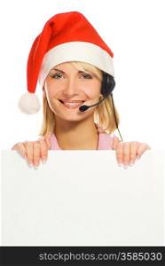 Mrs. Santa with a headset and white noticeboard isolated on white background