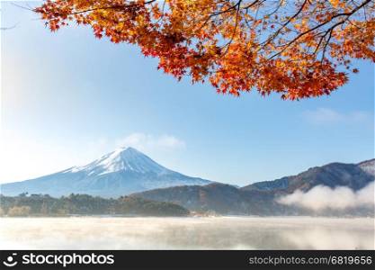 Mt. Fuji in autumn at Kawaguchiko or lake Kawaguchi with snow in Fujikawaguchiko Japan