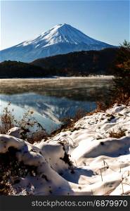 Mt. Fuji wit snow in late autumn at Kawaguchiko or lake Kawaguchi in Fujikawaguchiko Japan