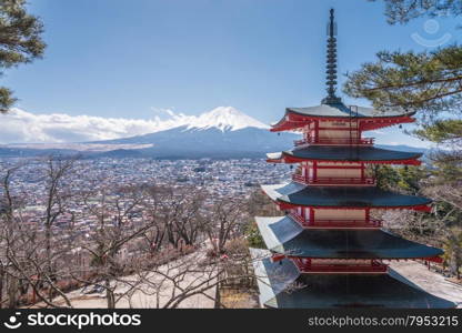 Mt. Fuji with Chureito Pagoda at sunrise in autumn, Fujiyoshida, Japan