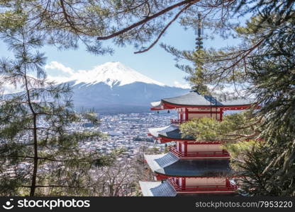 Mt. Fuji with Chureito Pagoda at sunrise in autumn, Fujiyoshida, Japan