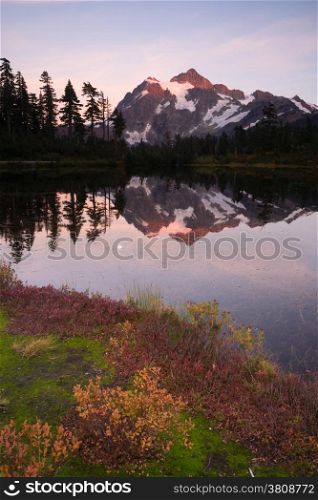Mt. Shuskan refelcted in Picture Lake at sunset.