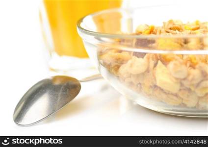 muesli and orange juice isolated on white