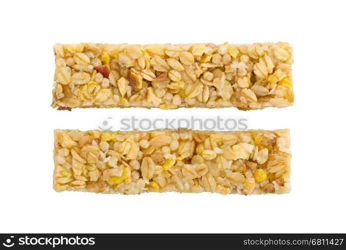 Muesli bar with apple, nuts and sugar isolated on white