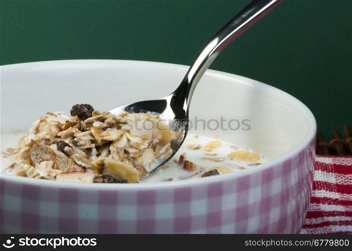 Muesli breakfast in a bowl and spoon close up