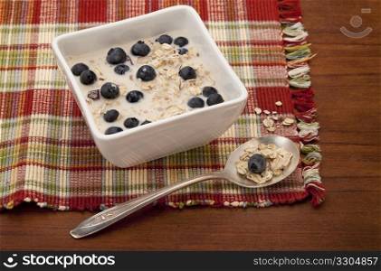 muesli cereal breakfast with blueberries and soy milk
