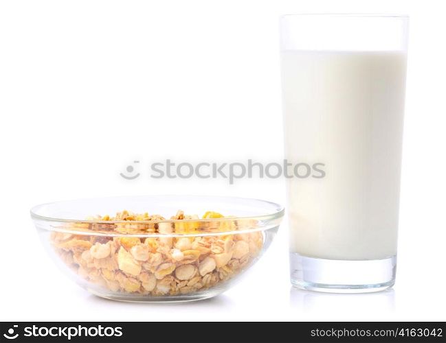muesli with milk isolated on white