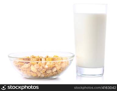 muesli with milk isolated on white