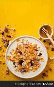 Muesli with yogurt. Healthy breakfast. Healthy lifestyle. Nutrition for children. Breakfast cereal. Top view.