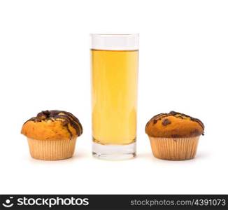 muffin and fruit juice isolated on white background