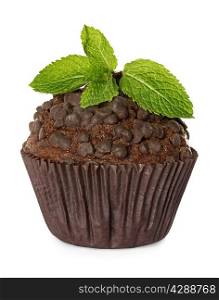 Muffin, chocolate cake with mint isolated on white background